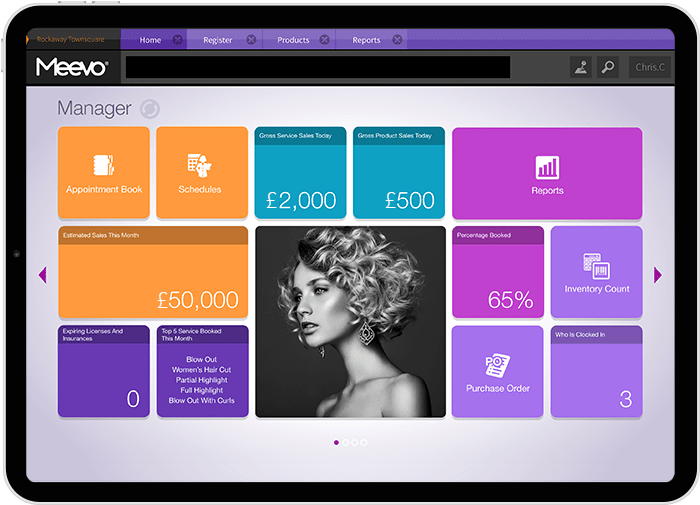 Meevo Salon Software for Manager Smart Center on tablet device