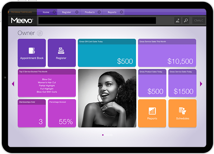 Meevo 2 Salon Software for Owner Smart Center on tablet device